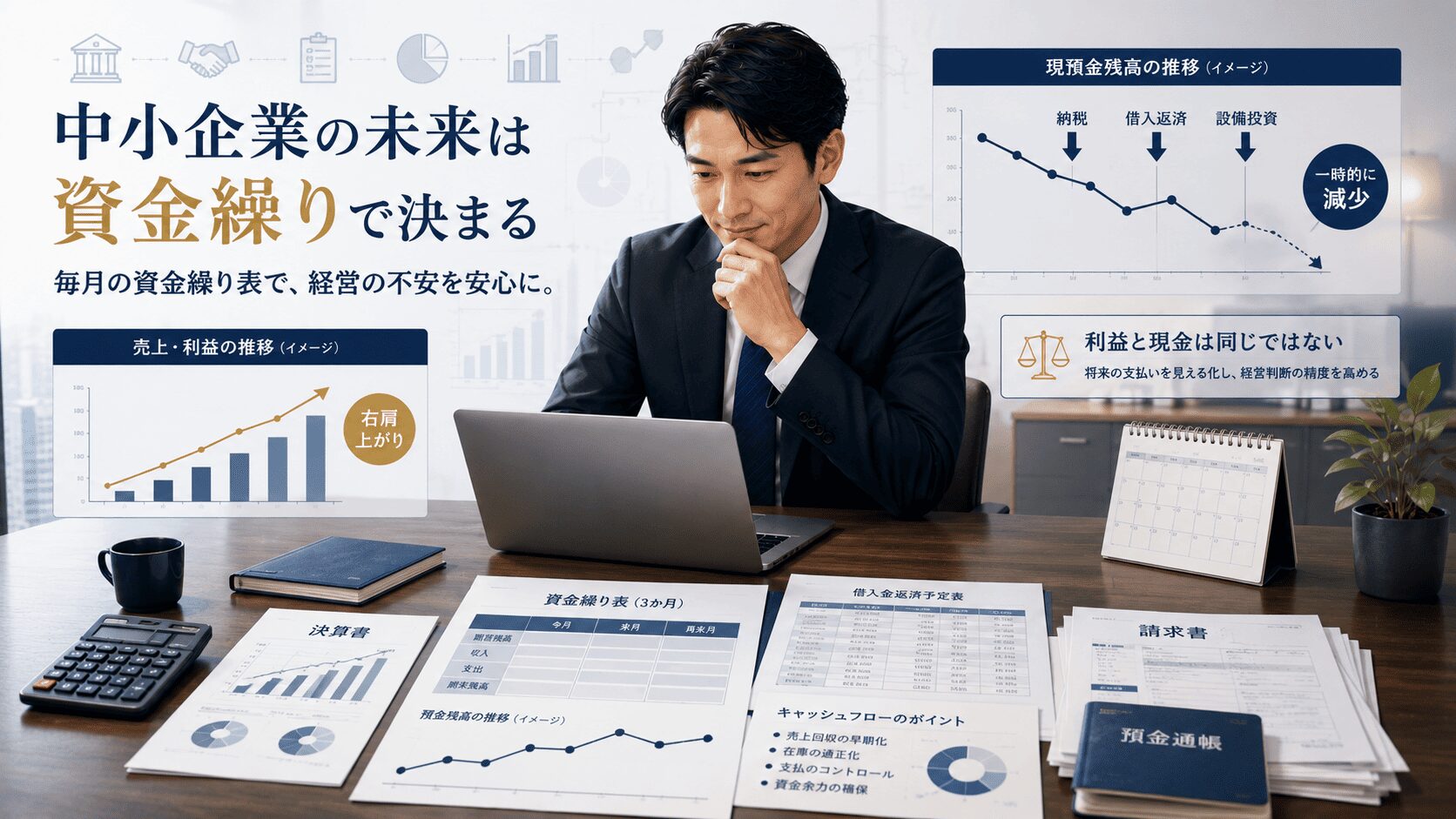 オフィスで財務分析を行う経営者